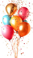 Colorful balloons and confetti celebration on white background