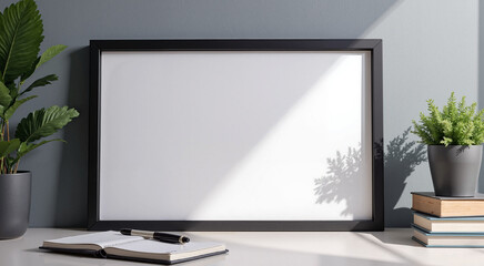 Fototapeta premium Digital frame mockup with a black frame on a modern desk surrounded by plants and stationery