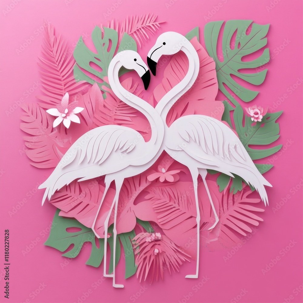 Poster two flamingos standing side by side on a vibrant pink background