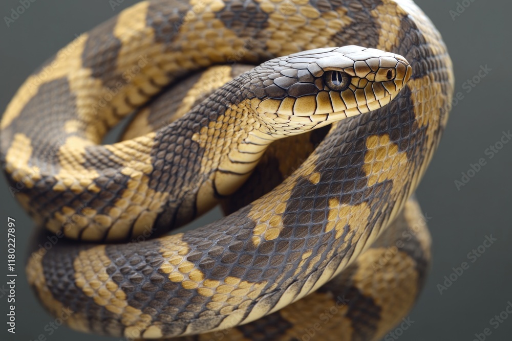 Poster a close-up of a snake's head with its mouth open, useful for illustrating reptile features or wildli