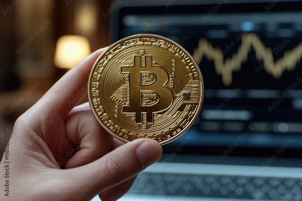 Poster a person holds a bitcoin near a laptop, ideal for use in financial or tech-related contexts