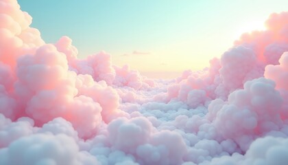 Dreamy pink and white cloudscape at sunset. Soft, fluffy clouds fill the frame, creating a serene and peaceful atmosphere. Perfect for backgrounds or dreamy concepts.
