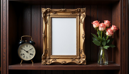 Digital frame mockup with an ornate gold frame on a wooden shelf with roses and an alarm clock
