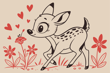 A whimsical and cute cartoon illustration of a baby deer.