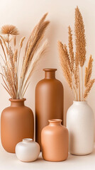 Naklejka premium Terracotta and neutral vases with dried pampas and wheat grass arrangement
