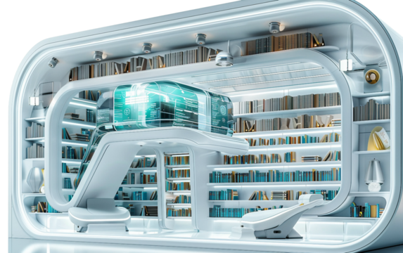 Innovative Library with Holographic Books and Modern Technology Isolated on Transparent Background PNG