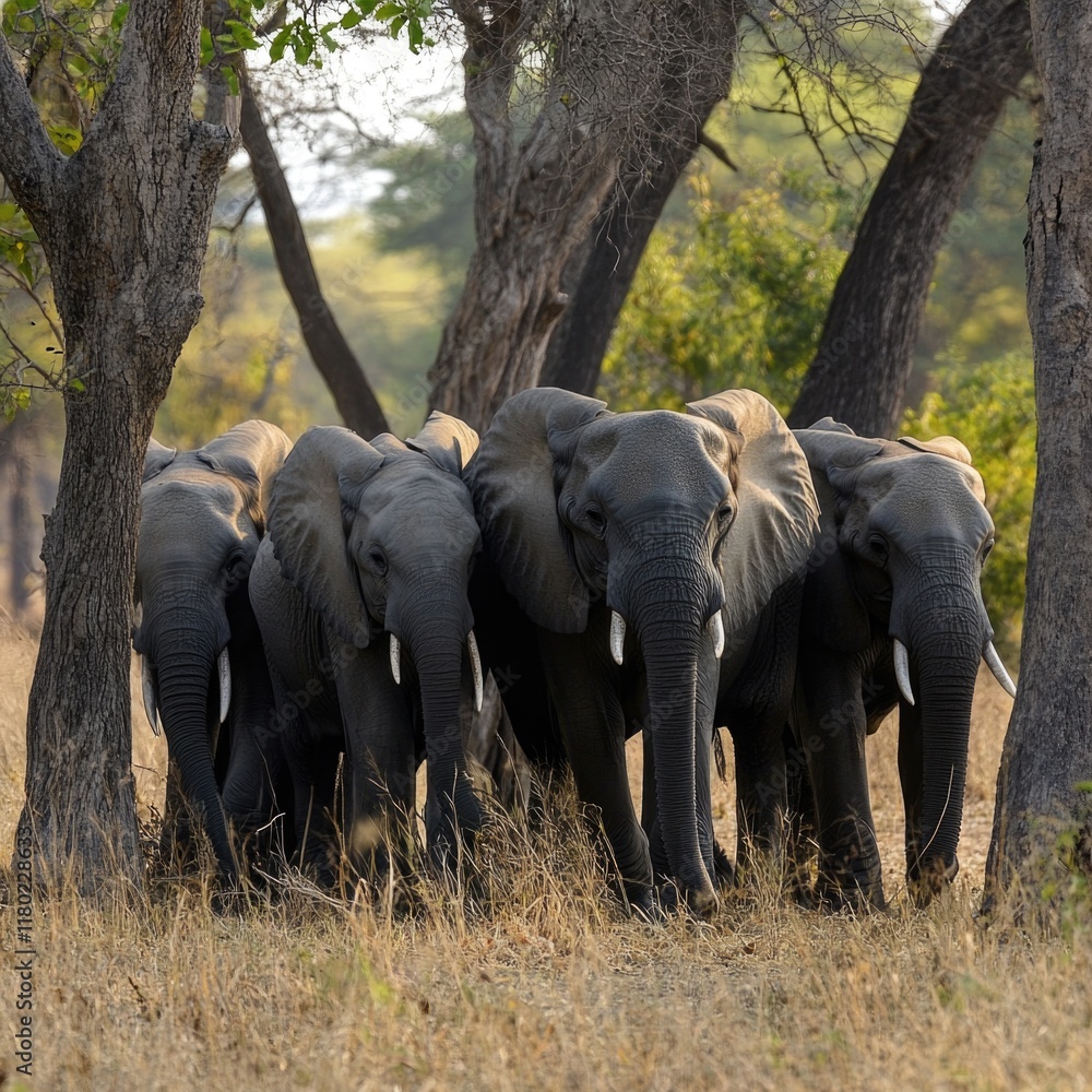 Poster A group of elephants gathered together, their trunks entwined in a display of unity and friendship