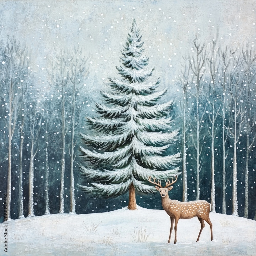 Poster a deer stands in a snowy forest, surrounded by trees and snow-covered terrain