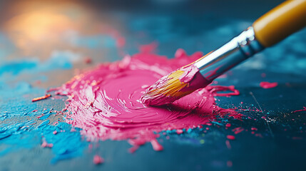 Obraz premium Self-portrait creation in a studio using vibrant acrylic paint and a brush on a textured surface