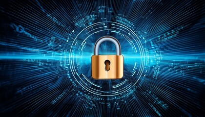 Digital security image with a glowing lock symbol on a background with precise patterns placed to represent encrypted codes