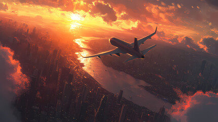 Naklejka premium A stunning aerial view of an airplane soaring through a vibrant sunset over a city, showcasing travel and adventure. Ivorylight. Illustration