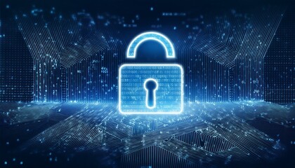 Digital security image with a glowing lock symbol on a background with precise patterns placed to represent encrypted codes