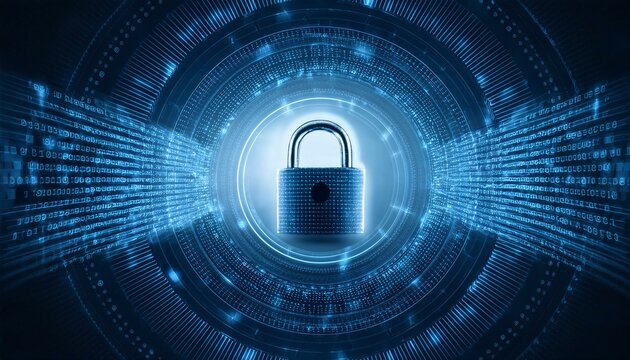 Digital security image with a glowing lock symbol on a background with precise patterns placed to represent encrypted codes