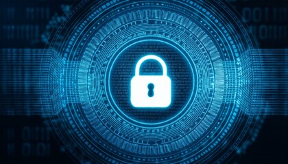 Digital security image with a glowing lock symbol on a background with precise patterns placed to represent encrypted codes