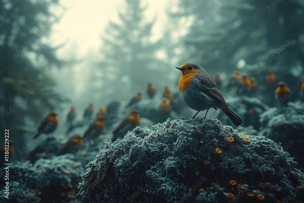 Poster A tiny bird rests on the edge of a rocky outcropping, its feathers rustling slightly in the breeze