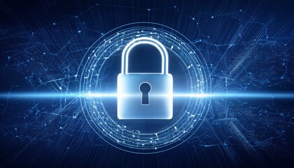 Digital security image with a glowing lock symbol on a background with precise patterns placed to represent encrypted codes