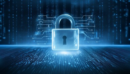 Digital security image with a glowing lock symbol on a background with precise patterns placed to represent encrypted codes
