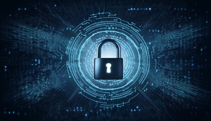 Digital security image with a glowing lock symbol on a background with precise patterns placed to represent encrypted codes