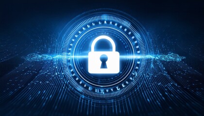 Digital security image with a glowing lock symbol on a background with precise patterns placed to represent encrypted codes
