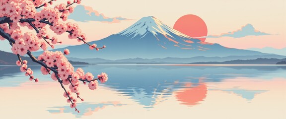 Mount Fuji with cherry blossoms and a serene lake during sunset. Scenic Japanese landscape with pink and blue tones reflecting in the water. Concept of springtime, nature, and cultural heritage.