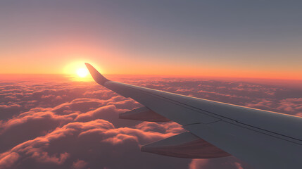 Obraz premium Aerial view of an airplane flying above the clouds from a passenger s perspective at sunset or sunrise featuring the wing of a commercial aircraft high quality. Ivorylight. Illustration