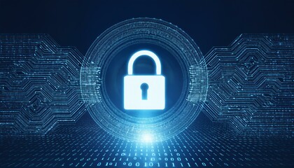 Digital security image with a glowing lock symbol on a background with precise patterns placed to represent encrypted codes