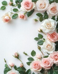 A delicate arrangement of pink and white roses with lush green leaves on textured white canvas, ideal for weddings, romantic events, or floral design projects.