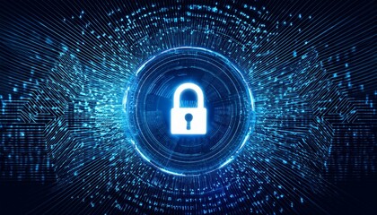 Digital security image with a glowing lock symbol on a background with precise patterns placed to represent encrypted codes