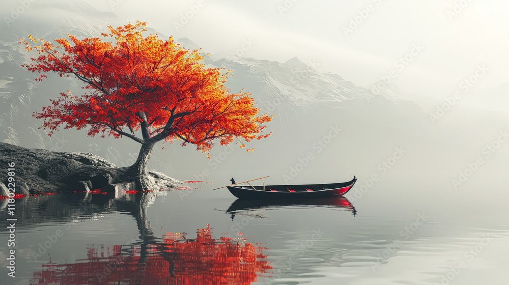 Poster boat is floating on a lake with a tree in the foreground