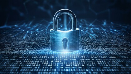 Digital security image with a glowing lock symbol on a background with precise patterns placed to represent encrypted codes