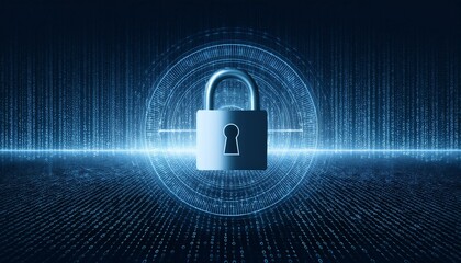 Digital security image with a glowing lock symbol on a background with precise patterns placed to represent encrypted codes