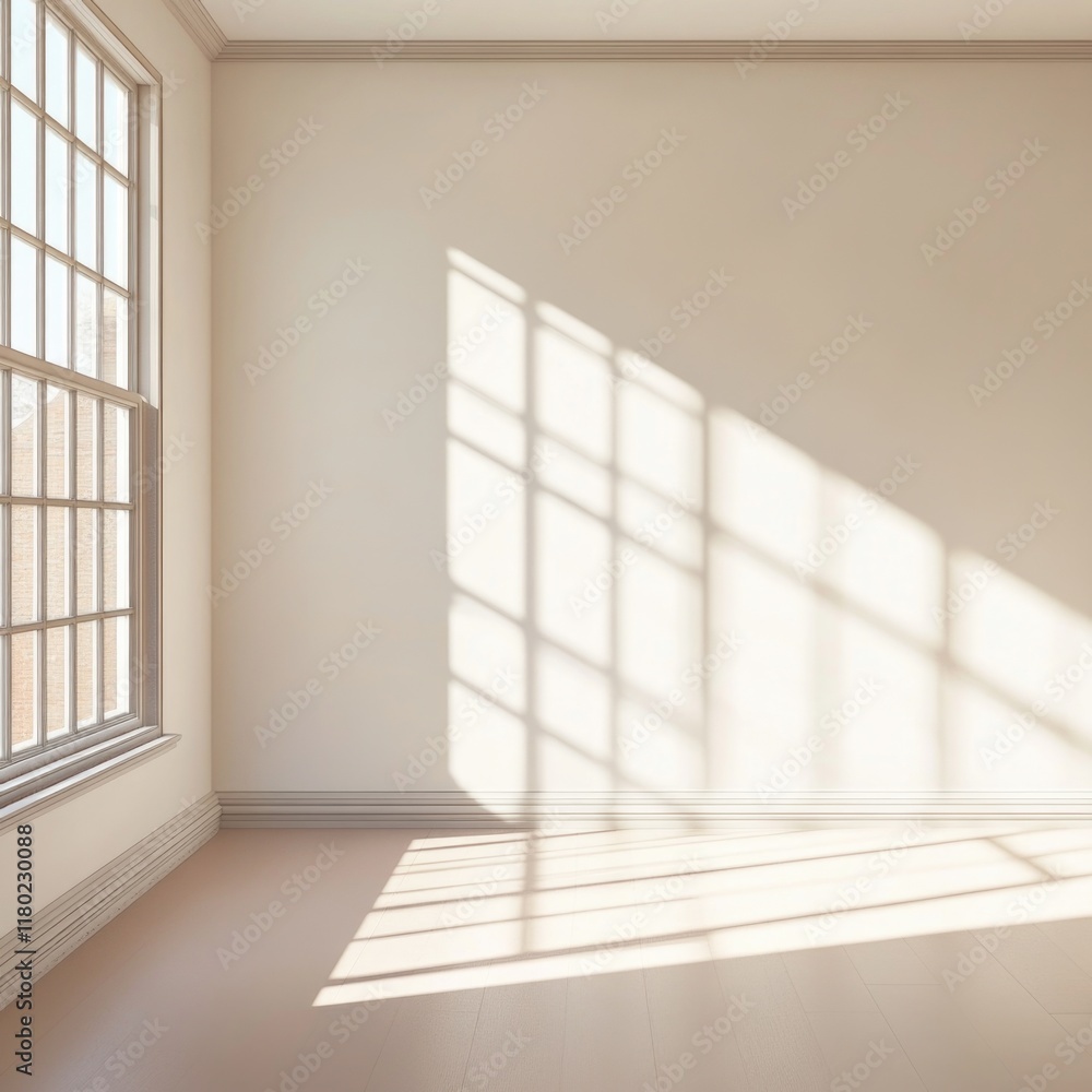 Poster An empty room with a large window and white walls, perfect for interior design or architecture concept