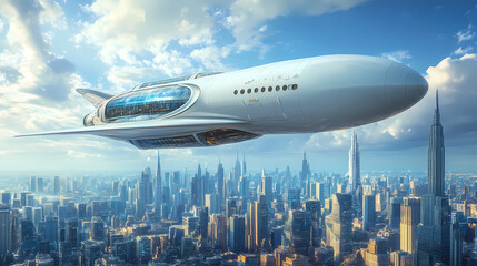 Naklejka premium Aeronave espacial sobrevuela una ciudad futurista. Ivorylight. Illustration