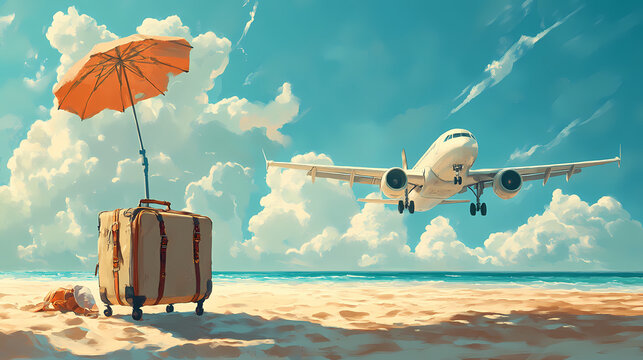Aeroplano in cielo, fra le nubi sorvola una valigia contenente oggetti che richiamano la spiaggia: sabbia, ombrellone, sdraio, occhiali e creme solari ecc. Ivorylight. Illustration