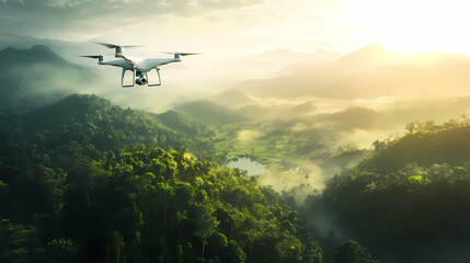 Fototapeta premium Ai-powered drone for environmental conservation with aerial mapping, compact and agile, flying over a national park, under bright sunlight. Ivorylight. Illustration