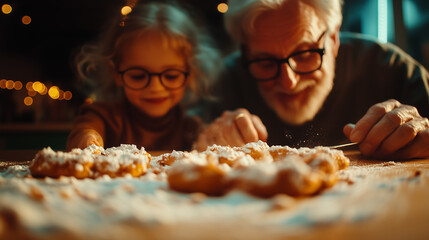 Grandchild and grandparent enjoying baking together in a cozy kitchen during the holiday season