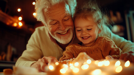 Grandparent and grandchild enjoying a fun baking session together during cozy winter evening at home