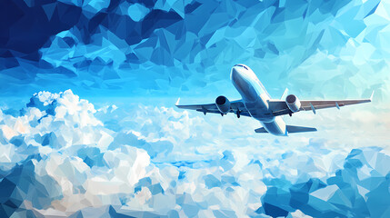 Fototapeta premium Airplane flying in a blue sky with clouds low poly vector illustration for travel or aviation design. Ivorylight. Illustration