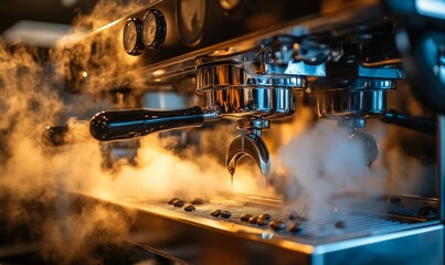 A dramatic close-up of coffee beans being brewed in an espresso machine, creating a dynamic smoke effect.