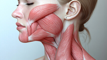 Anatomy of Beauty: A captivating close-up profile of a woman's face and neck, showcasing the intricate network of facial muscles.