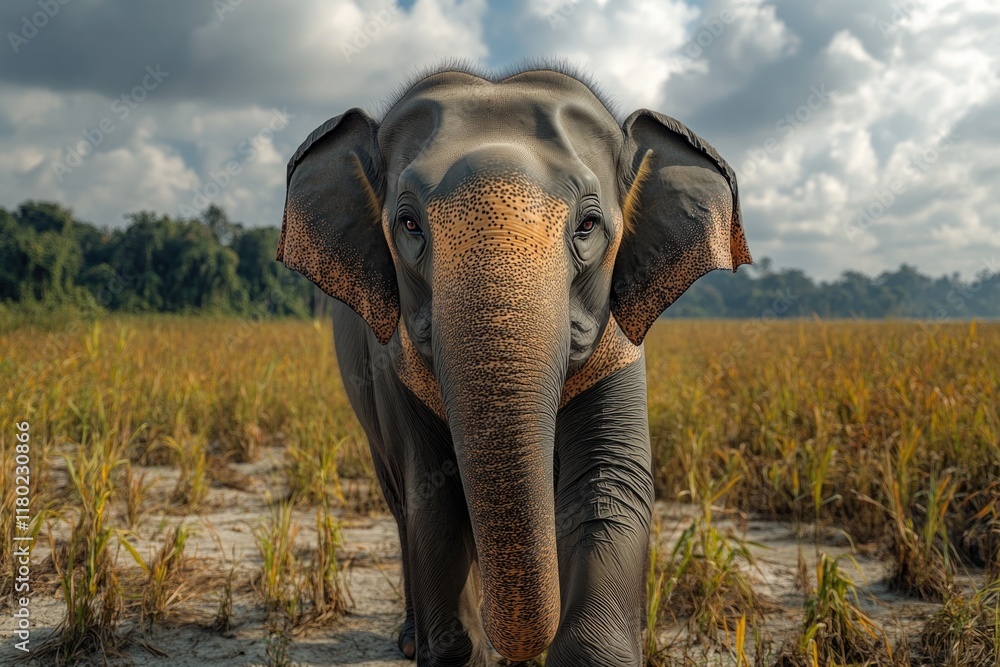 Poster a single elephant standing in a natural grassland setting, suitable for use in illustrations about w