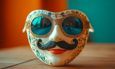 A mask with a mustache and sunglasses on a table, suggesting an amusing performance or costume party.