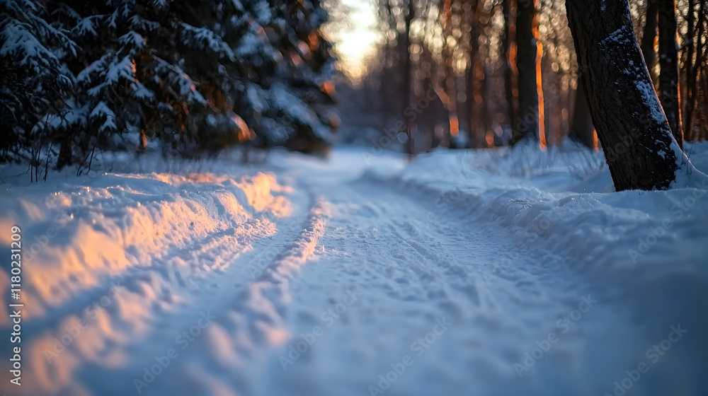 Poster a snow covered path with a tree in the background