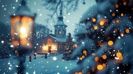 Obraz premium Snowy Winter Night Scene at a Church with Festive Lights