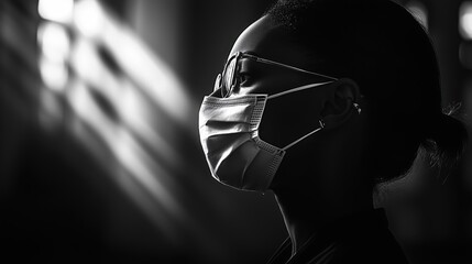 A young nurse in a medical mask standing in a dimly lit hospital corridor.