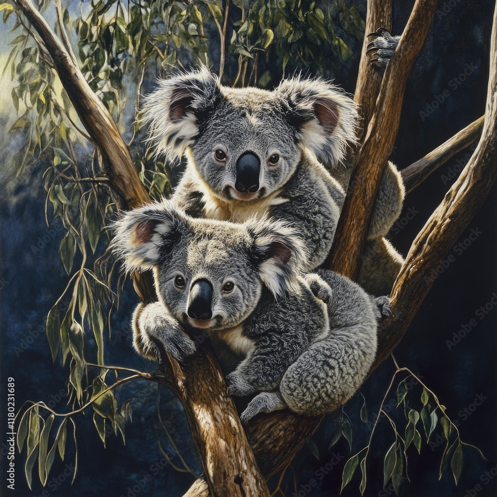 Poster koalas resting in a eucalyptus tree