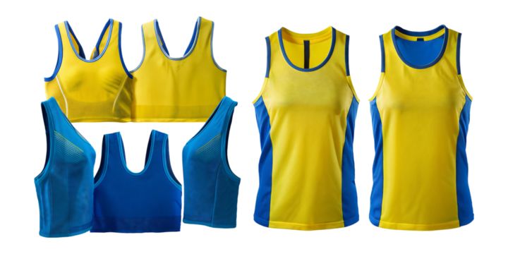 Bright Yellow and Blue Sports Tank Tops Displayed on Transparent Background