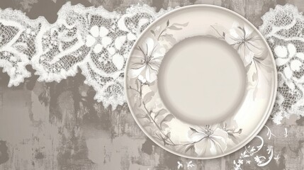 Elegant Grey Floral Plate with Lace Border - Vintage Style Dinnerware