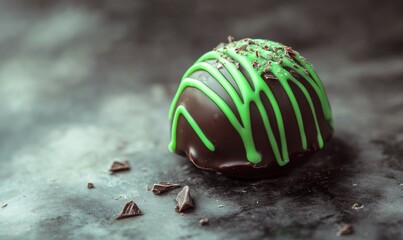 A scoop of chocolate candy covered with green icing.