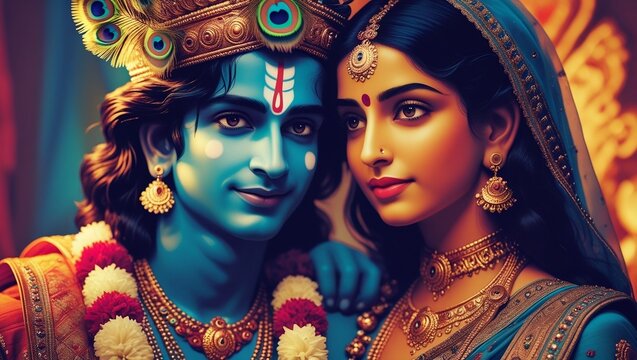 Divine Portrait of Lord Krishna and Goddess Radha in Vibrant Traditional Art